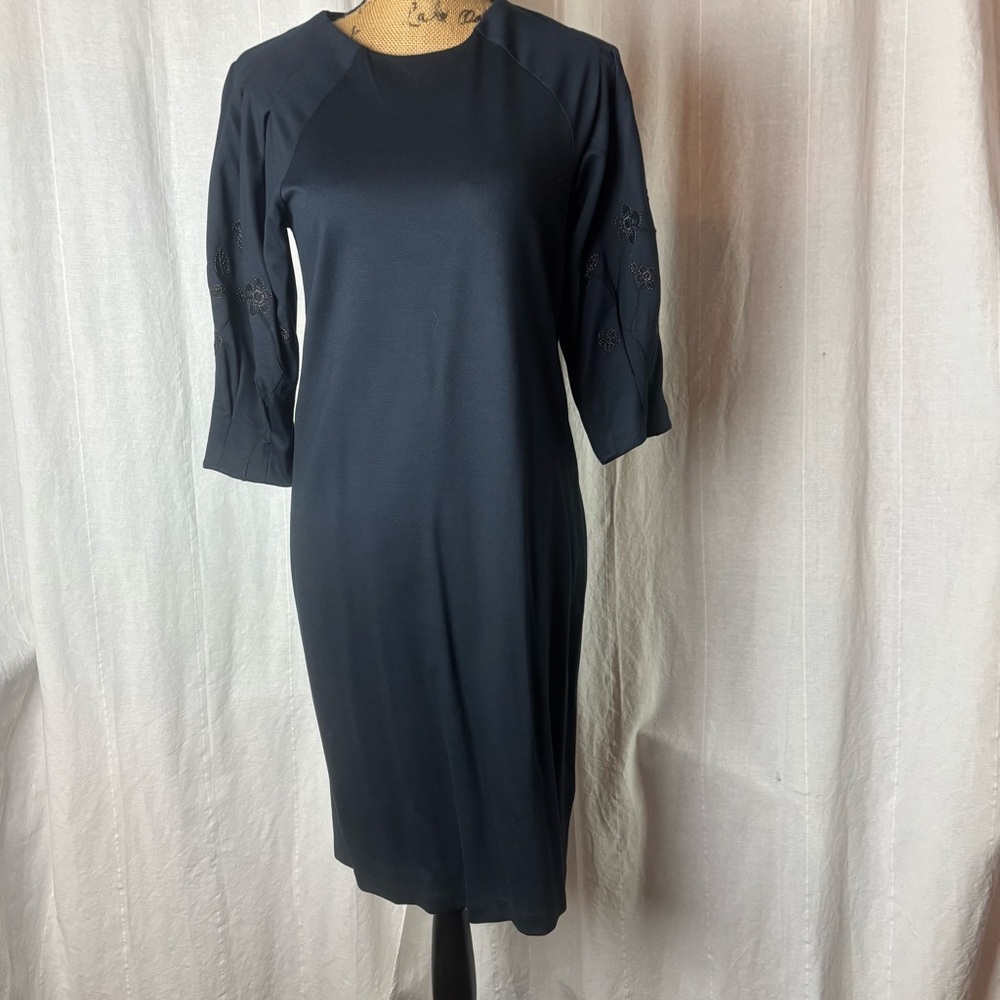 NWT H&M Ponte Knit Sheath Dress Embroidered Puff Half Sleeves Sz Small Navy Blue